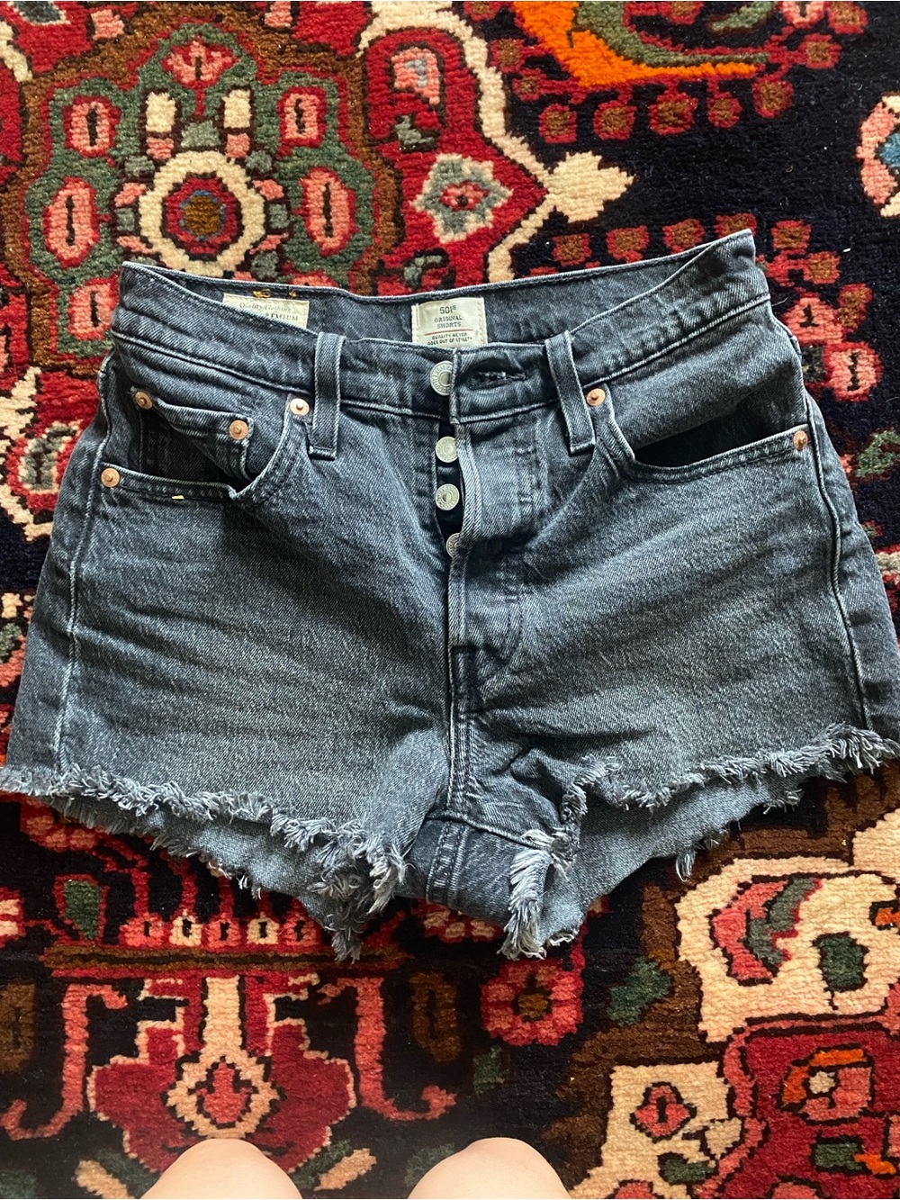 Levi's 501 Original Cutoff Denim Shorts- Black Wash Button-Fly Raw Hem